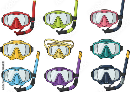 Snorkel, Mask, Diving, Gear, Set, Equipment, Water, Swim, Ocean, Sport, Colorful, Tube, Mouthpiece, Collection, Grid, Aqua, Adventure, Safety, Underwater, Vacation