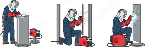 Welding, Worker, Torch, Helmet, Sparks, Safety, Gear, Machine, Metal, Industrial, Kneeling, Standing, Sitting, Fabrication, Process, Equipment, Protective, Suit, Technique, Workshop