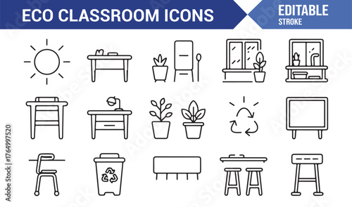 Green Education Icons — Editable Line Art Vector Illustrations for Eco-Friendly Classroom Design
