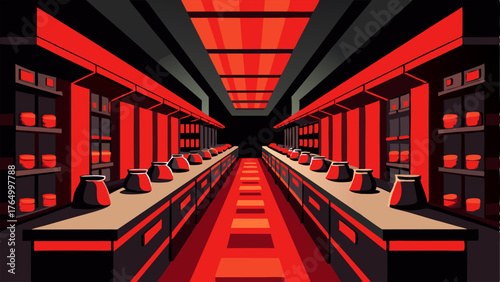 A darkroom for developing film photography with rows of redlit cubicles and trays filled with chemicals.