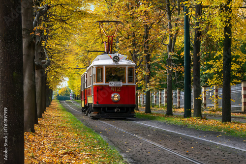 Vintage red tram in Prague moving through autumn park with yellow trees and fallen leaves, perfect travel and seasonal transportation concept image.