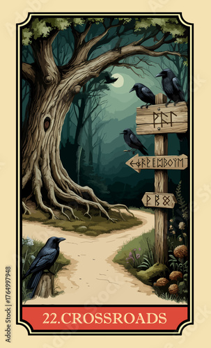 The crossroads. A comic-style fantasy card from the Lenormand Oracle deck. The classic 5:3 ratio for divination cards.