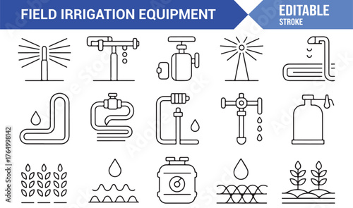 Drip and Spray Irrigation Icons — Editable Stroke Vector Set for Agricultural Design Projects