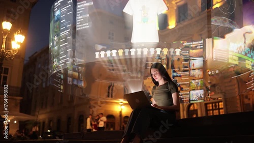 Woman using laptop outdoors at night with holographic interface showing online store and video gallery. Concept of future internet, AI shopping and digital media technology