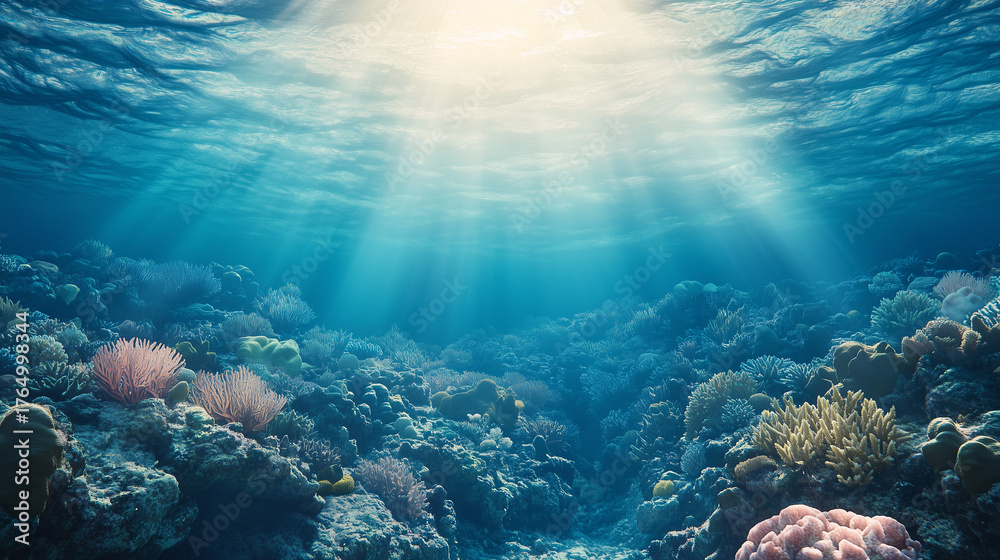 Obraz premium Bleached Coral Reef Split Between Life and Extinction Underwater Scene
