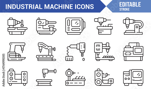 Industrial Machinery Icon Collection — Editable Stroke Vector Illustrations for Engineering Projects