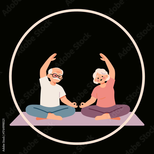 Elderly couple practicing yoga and mindfulness on a mat indoors  