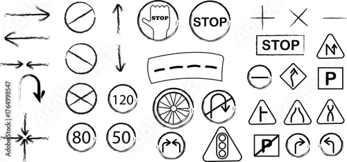 Hand-Drawn Road Signs & Traffic Symbols Clipart: Arrows, Stop, Speed Limits, Parking, & More - Vector Illustration Set