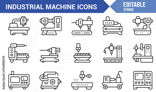 Mechanical Engineering Icons — Editable Stroke Vector Set of Industrial Machines and Equipment