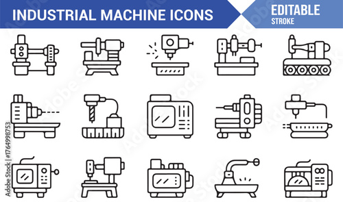 CNC and Factory Equipment Icons — Editable Vector of Industrial Machines and Robotics