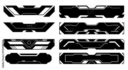 A collection of eight black futuristic banners and frames. These hi-tech HUD elements are perfect for creating custom stream overlays or sci-fi UI designs.