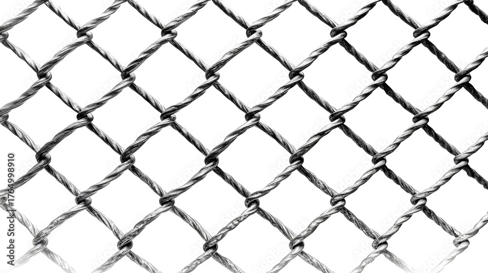 Fototapeta premium A detailed close up of a metallic wire mesh fence with a diamond pattern isolated on a clean white background showcasing its woven texture and