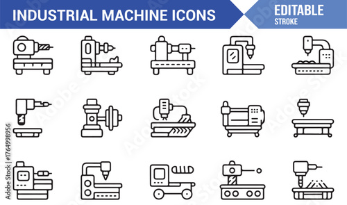 Industrial Machine Icons Collection — Editable Line Art Vector of Factory Tools and Engineering Equipment