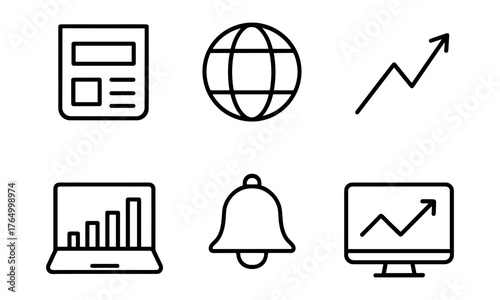 Global analytics outline icons, graph, world, bell, dashboard