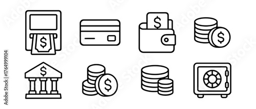 Banking and finance outline icons , ATM, credit card, wallet, bank, coins, safe