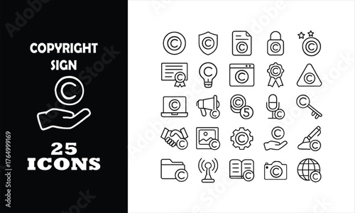 Protect your intellectual property with essential copyright icons, representing legal rights, ownership, and creative protection across various industries and concepts.