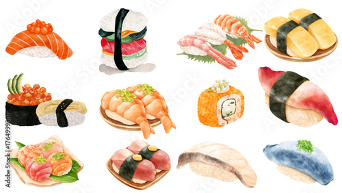 Watercolor Sushi Set Fresh Seafood and Rice Delights in Artistic Style