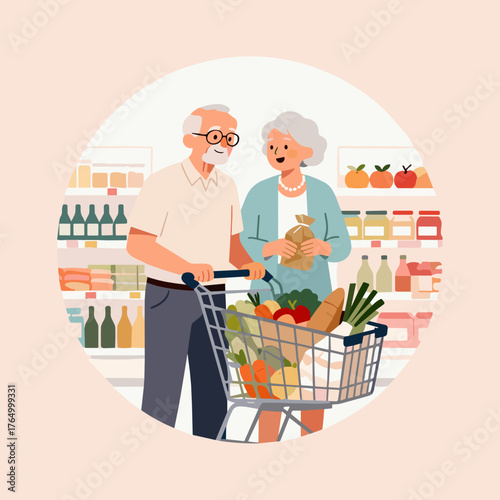 Elderly couple shopping for groceries in supermarket aisle with cart  