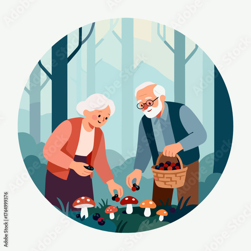 Elderly couple foraging for mushrooms in forest clearing  