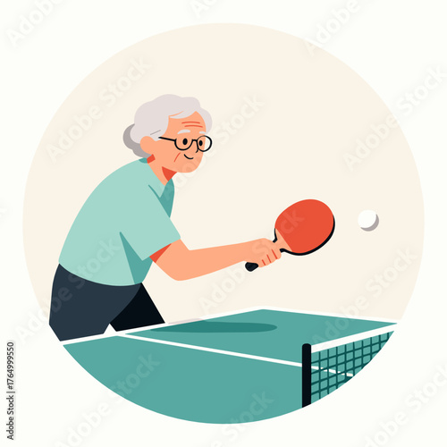 Elderly woman playing table tennis with paddle and ball in indoor setting  