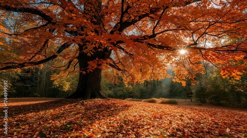Majestic Autumn Tree with Vibrant Red and Orange Foliage.
