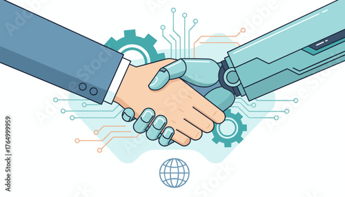 Modern flat vector illustration depicting a handshake between a human hand in a blue suit and a robotic hand, symbolizing the collaboration between humans and artificial intelligence, with gears and