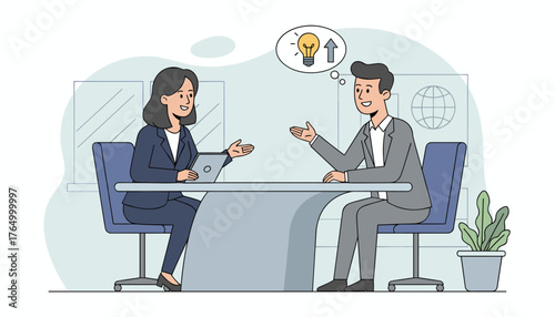 Two professionals, a man and a woman in business attire, are engaged in a positive discussion during a meeting or job interview, with the man having a lightbulb idea symbol above his head