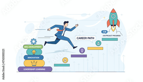 Business man running up stairs symbolizing career path progress, skill development, innovation, leadership learning, and job project success with a rocket launching into the sky, representing