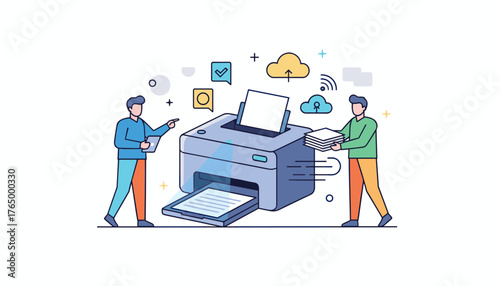 Modern flat design illustration of two people interacting with a multifunction printer, symbolizing digital workflow, cloud integration, and efficient document management in a contemporary office or