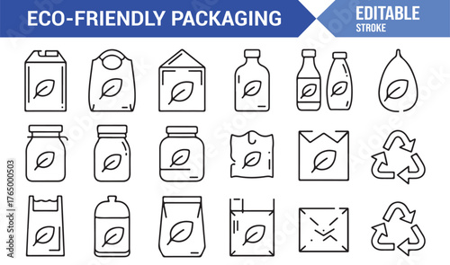 Eco-Friendly Product Packaging Icons — Vector Outline of Green Containers and Reusable Bags