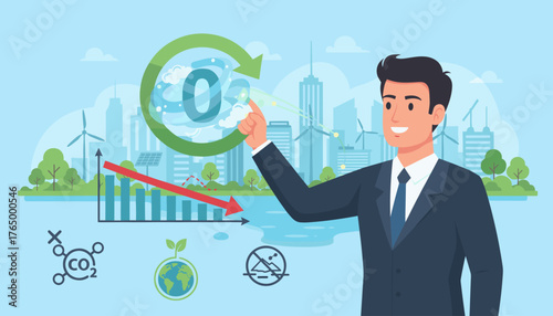 Businessman points to a green zero emission target with a city skyline featuring wind turbines and solar panels, symbolizing environmental sustainability and carbon reduction goals with a downward