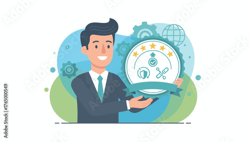Smiling businessman in a suit proudly presents a circular badge symbolizing top service quality, featuring stars, an upward arrow, a checkmark, a shield, and a link icon, set against a backdrop of
