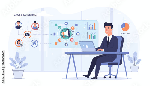 Businessman working on laptop, analyzing cross-targeting strategies for online advertising campaigns, visualizing data and optimization with digital marketing icons and charts in a modern office