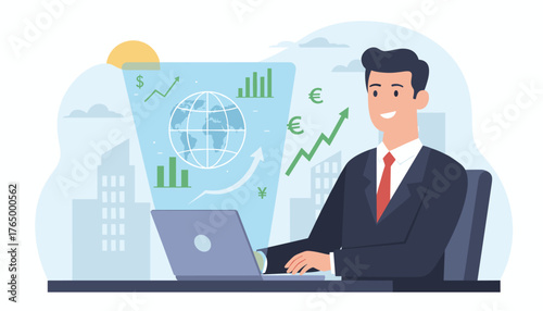 Smiling businessman in a suit using a laptop, with a holographic projection of a globe displaying financial charts, currency symbols, and upward trending graphs, set against a cityscape backdrop with