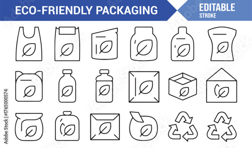 Recyclable Packaging Icons Collection — Editable Stroke Vector Illustrations for Sustainability Design
