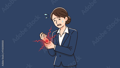 A stressed businesswoman in a suit clutches her wrist in agony, with red radiating lines indicating severe pain, symbolizing carpal tunnel syndrome or repetitive strain injury, highlighting workplace