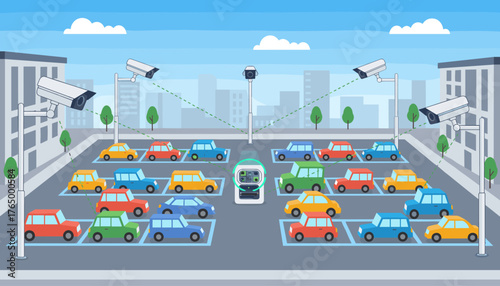 Smart parking lot surveillance system with CCTV cameras monitoring vehicles and a central control unit, illustrating modern urban security and technology integration for efficient traffic management