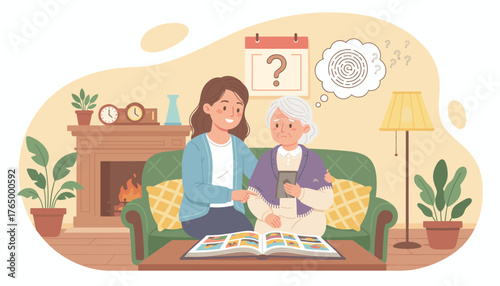 Caring daughter gently assists her elderly mother, who appears confused and distressed, while looking at a photo album, symbolizing memory loss and Alzheimer's care in a cozy living room setting with