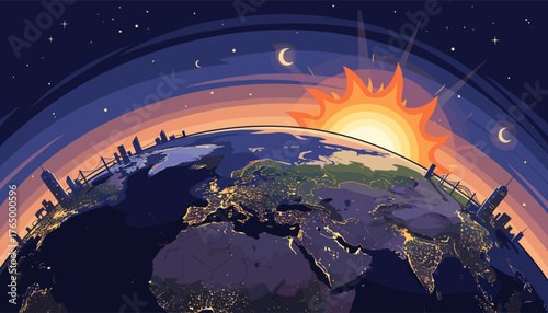 Vibrant illustration of planet Earth at night, illuminated by city lights, with a stylized sun rising on the horizon, casting warm hues across the atmosphere, and a crescent moon in the starry sky
