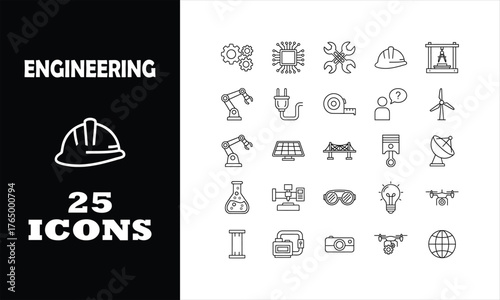 Stunning collection of 25 modern engineering icons perfect for technology, industry, and innovation projects, offering versatile visual solutions