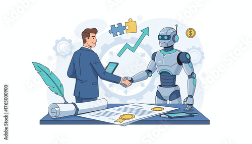 Illustration of a business concept partnership between a human businessman and a robot, shaking hands over a contract with a quill and scroll, symbolizing future technology and collaboration in the