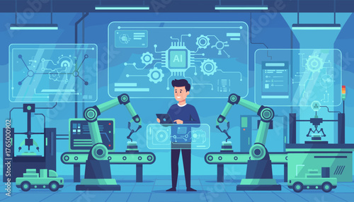 Modern digital factory interior showcasing Industry 4.0 concepts with AI integration, robotic arms, conveyor belts, and a technician overseeing operations on a tablet, representing futuristic