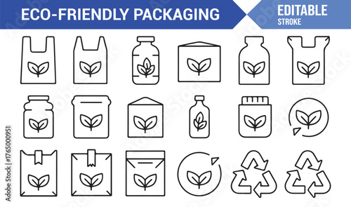 Sustainable Packaging Vector Set — Outline Icons of Reusable Bags, Boxes, and Bottles