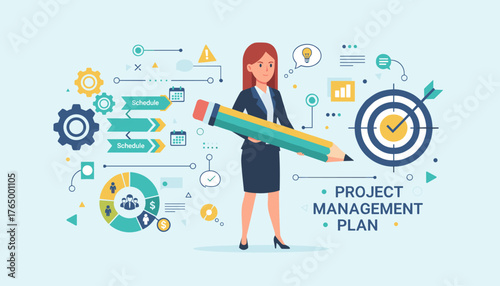 Businesswoman holding a giant pencil, symbolizing project management and planning, surrounded by icons of gears, calendars, charts, and a target, representing strategy, development, and goal
