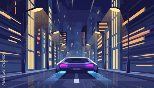 Rear view of a futuristic car with glowing purple taillights and blue exhaust flames driving down a dark, illuminated city street lined with tall buildings and streetlights, creating a cyberpunk