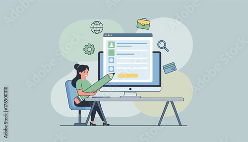 Young woman with a large pencil filling out a digital registration form on a computer screen, symbolizing online account creation, data entry, and user onboarding with icons for business, search, and