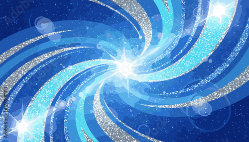 Radiant abstract background with swirling blue and silver glitter stripes, creating a dynamic and energetic vortex effect with bright light flares and bokeh highlights, perfect for celebratory or