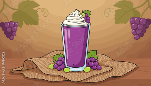 A vibrant and refreshing grape smoothie, topped with whipped cream and garnished with fresh grapes and leaves, presented on a rustic sackcloth over a wooden table, evoking a sense of natural goodness