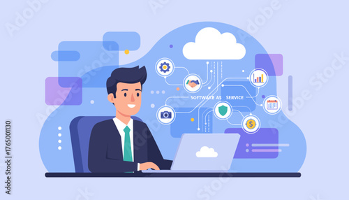 Smiling businessman working on laptop with cloud computing and software as a service icons, representing digital transformation, online business, and technological innovation with a modern flat