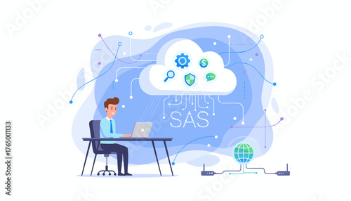 Modern illustration of a businessman working on a laptop connected to a cloud computing system, symbolizing Software as a Service (SaaS) with icons for search, security, and communication